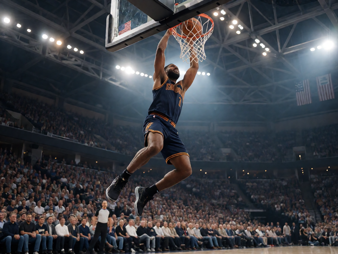 NBA比赛现场，球员在空中完成扣篮的震撼画面